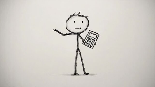 Cute stick figure character demonstrates how to use a calculator for basic math operations in a simple sketch setting