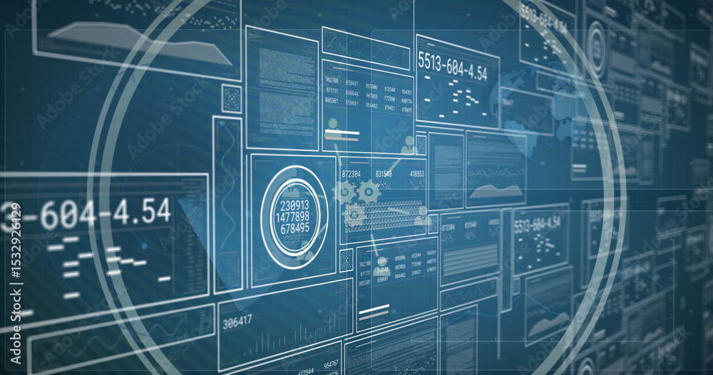 Poster dashboard displaying panels with graphs and data readouts, reticles and maps on control panel