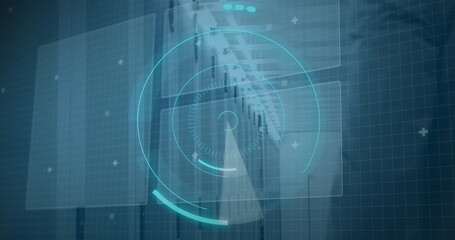 Displaying network equipment and server racks glowing in data center, with translucent UI graphics