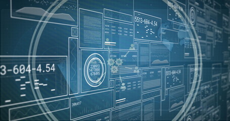 Dashboard displaying panels with graphs and data readouts, reticles and maps on control panel