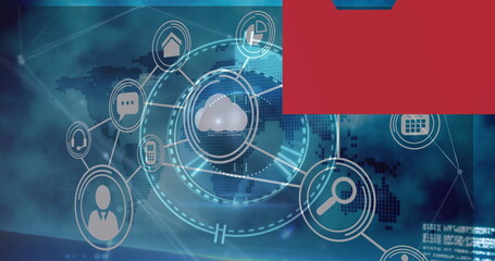 Image of moving clock over data processing on blue background