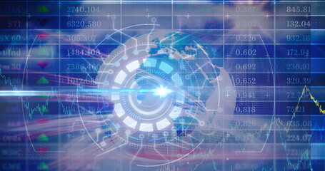 Projecting circular holographic interface over fading world map in dashboard, streaming market data