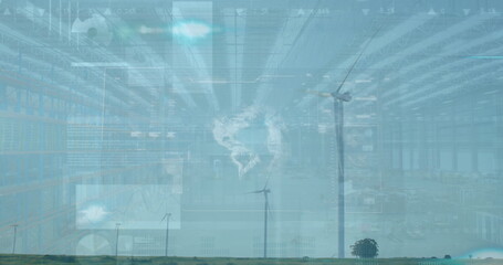 Standing tall wind turbine right in warehouse grassland with racks and digital overlays, copy space