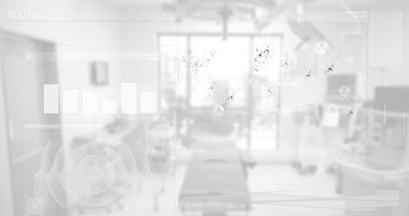 Displaying translucent HUD elements hovering above examination table in lab room, with bar charts