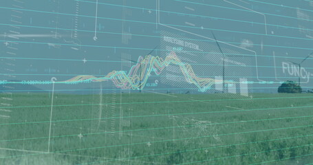 Displaying open grassland under pale sky, overlaying grid and waveform charts with data panels