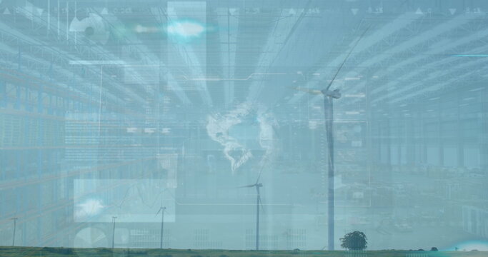 Standing tall wind turbine right in warehouse grassland with racks and digital overlays, copy space