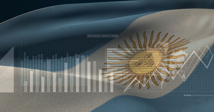 Naklejki Argentine flag waving in digital display, with bar chart, line graph, grid overlay, numeric display