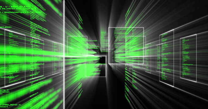 Streaming green code and floating white wireframes converging in virtual tunnel, central black void