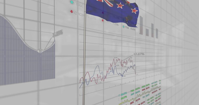 Naklejki Displaying New Zealand flag standing on slim pole in analytics dashboard with line and bar charts