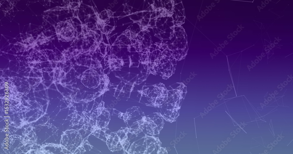Poster showing wireframe virus-like spheres clustering on gradient background, network lines, copy space