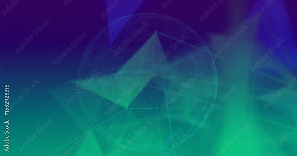 Poster floating translucent mesh sphere hovering in data network interface, with glowing triangular facets