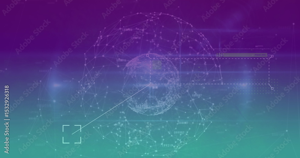 Poster displaying central wireframe globe rotating on dashboard, with dashed ui overlays and node clusters