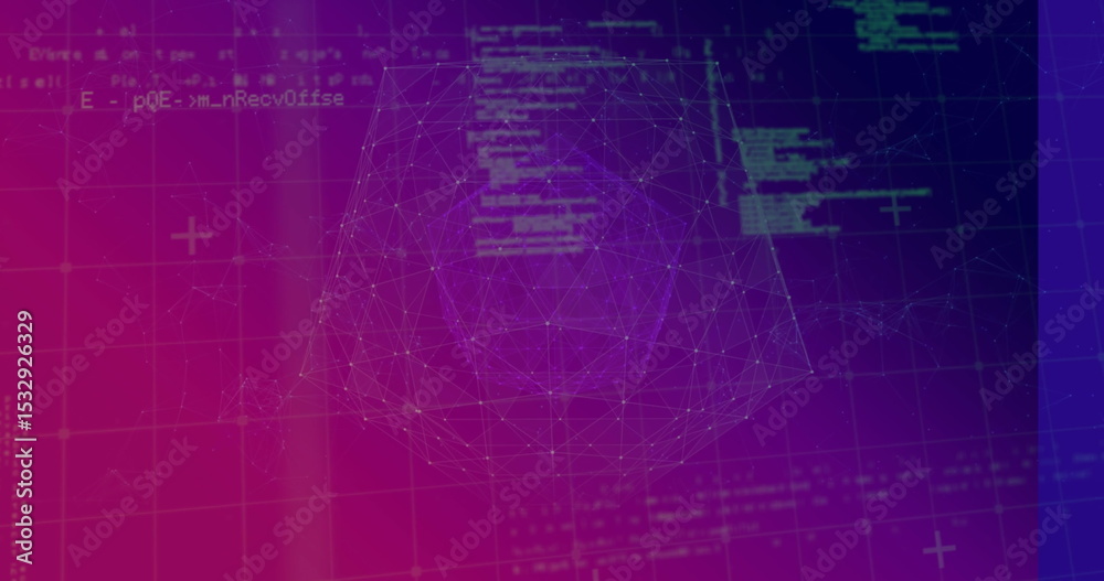Poster Displaying 3D wireframe polyhedron hovering over grid in UI, with floating code and plus markers