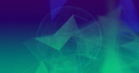 Floating translucent mesh sphere hovering in data network interface, with glowing triangular facets