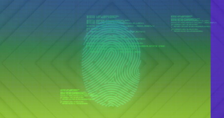 Floating fingerprint graphic across security display, with code blocks, diamond grid and purple bar