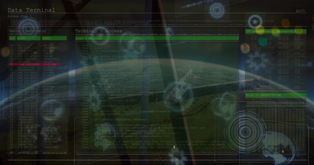 Displaying terminal interface overlay on orbital station view, with code logs and Earth globe