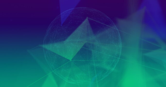 Floating translucent mesh sphere hovering in data network interface, with glowing triangular facets