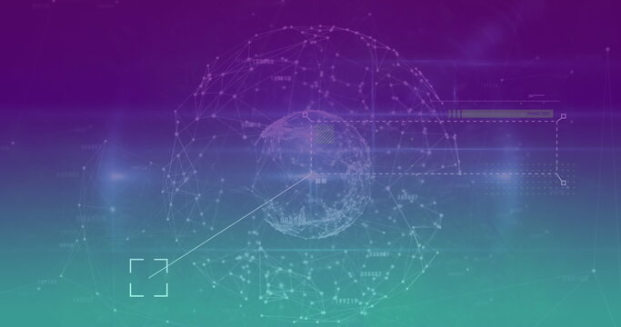 Displaying central wireframe globe rotating on dashboard, with dashed UI overlays and node clusters