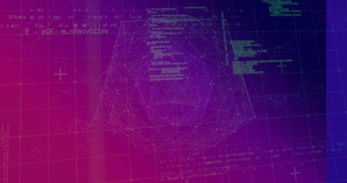 Displaying 3D wireframe polyhedron hovering over grid in UI, with floating code and plus markers