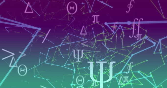 Drifting Greek letter Psi in digital interface, with Pi Theta symbols and glowing network nodes - Powered by Adobe