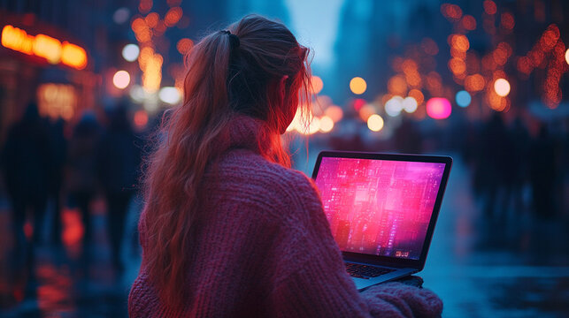 Woman using laptop in busy city at night