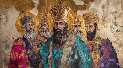 Byzantine style painting depicting several figures wearing crowns and colorful robes.