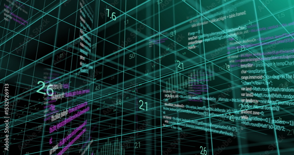 Aufkleber displaying glowing turquoise 3d grid in dark virtual space, with floating numeric labels and code