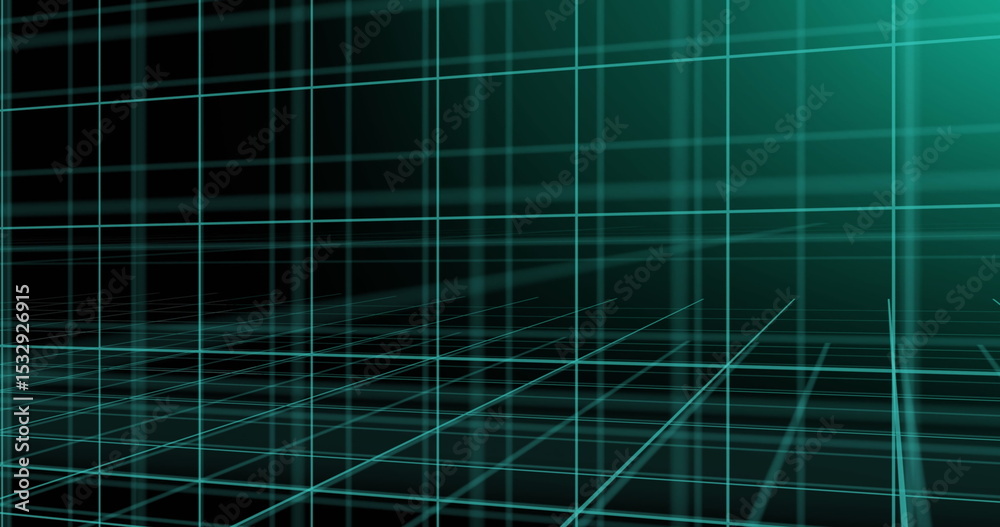 Poster displaying teal 3d grid network receding into digital gridscape, showing illuminated planes