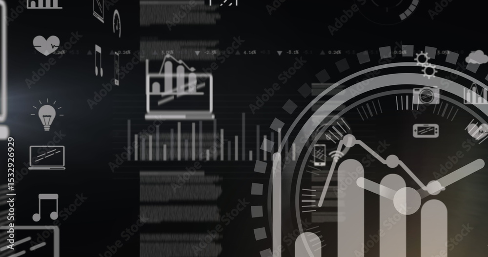 Poster displaying digital dashboard with data charts, circular gauge, and floating icons on dark interface