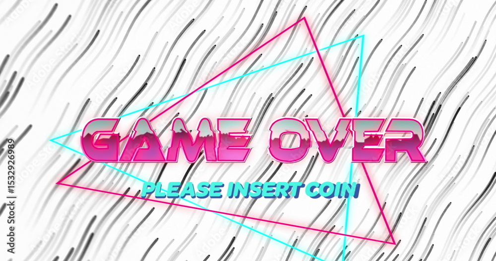 Poster displaying arcade screen showing pink game over and cyan please insert coin with neon triangles
