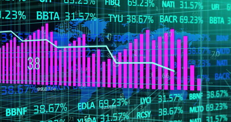 Presenting financial magenta bars floating over 3D grid with trend line, tickers and world maps