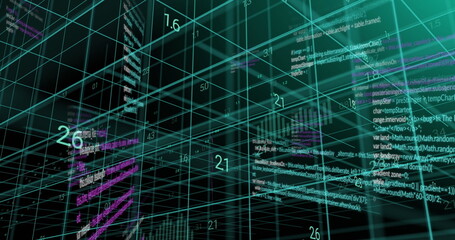 Displaying glowing turquoise 3D grid in dark virtual space, with floating numeric labels and code