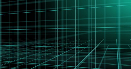 Displaying teal 3D grid network receding into digital gridscape, showing illuminated planes