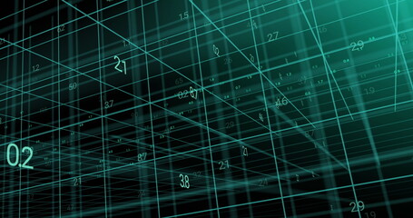 Rendering intersecting teal grid lines floating in dark virtual data space, with numeric labels