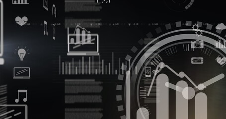 Displaying digital dashboard with data charts, circular gauge, and floating icons on dark interface