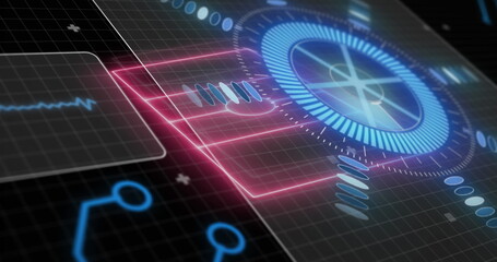 Blue radial interface element projecting rings on dark grid, with pink frame and pulse waveform