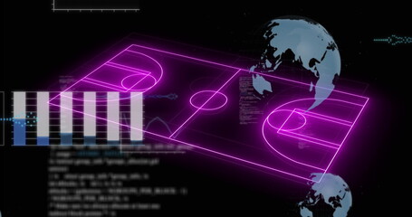 Floating neon purple 3D basketball court wireframe in UI, with scrolling code, bars, globe and axes