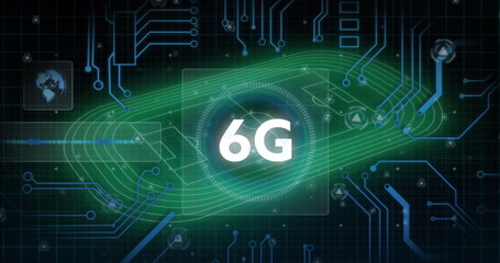 Displaying central 6G graphic glowing on grid background, with green track, lines and network icons