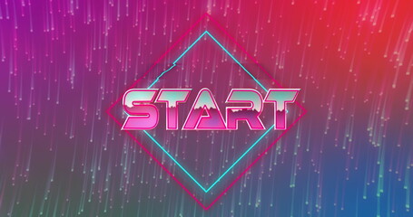 Glowing neon START logo pulsating in neon interface, with pixel streaks and layered diamond outline