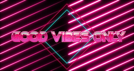 Glowing neon sign displaying GOOD VIBES ONLY text in club, with diamond frame and neon stripes