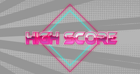 Showing HIGH SCORE text glowing in neon diamond frame on grey halftone, with pink highlights