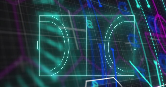 Displaying neon turquoise basketball half court outline on interface, with gridlines and charts