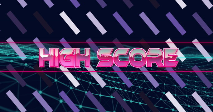 Displaying stylized text HIGH SCORE glowing over neon grid in retro space, with diagonal color bars