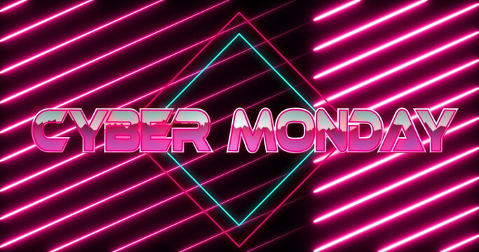 Featuring 3D CYBER MONDAY sign floating in cyberpunk scene, turquoise diamond and neon pink lines