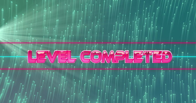 Displaying neon pink 3D LEVEL COMPLETED text on teal matrix background with cascading glowing lines