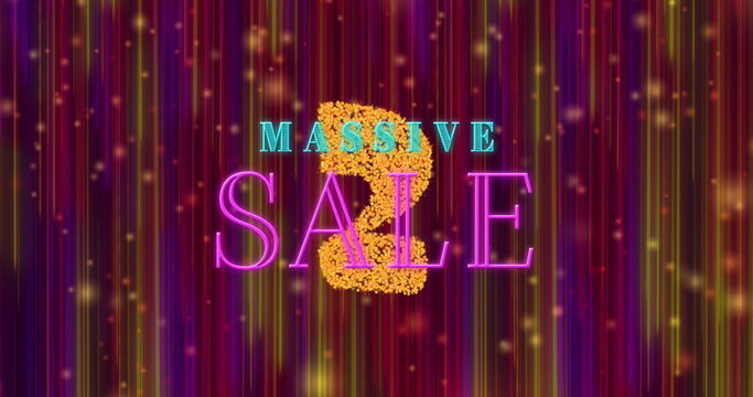 Displaying vibrant neon MASSIVE SALE text on digital banner, with glowing golden question mark