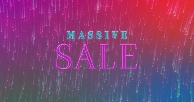 Glowing neon text MASSIVE SALE flashing on stylized graphic design layout, with pixel rain effect