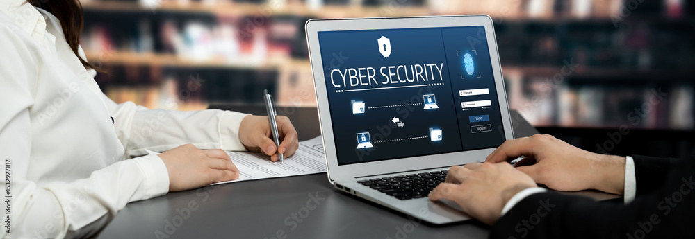Poster cyber security system on computer screen protect private information brisk from hacker and cyber att