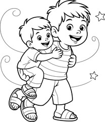 Two Boys Playing Piggyback Happy Cartoon Line Art Illustration