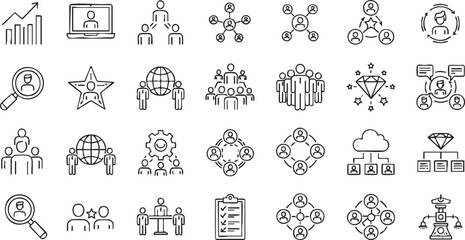 A clean and professional line icon set featuring 28 business-themed icons including teamwork, HR management, employee network, organizational structure, leadership, performance, talent acquisition, an